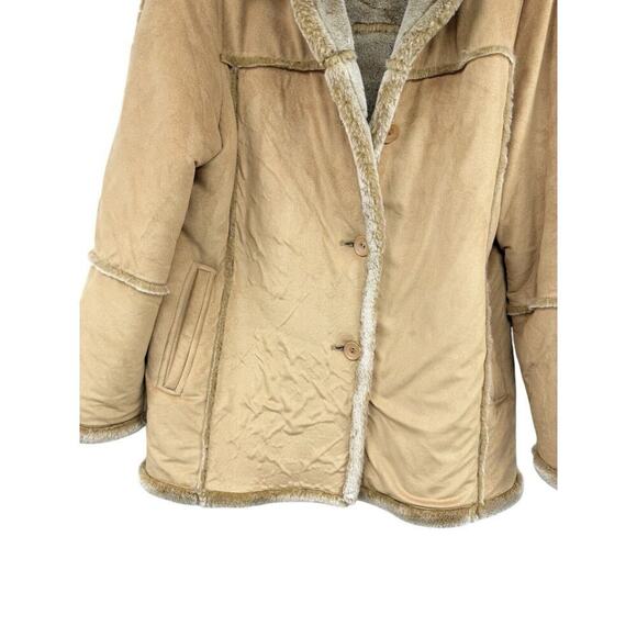 UD Utex Vegan Tan Faux Suede Leather Fur Coat Hooded Shawl Collar Womens Large - Picture 2 of 8